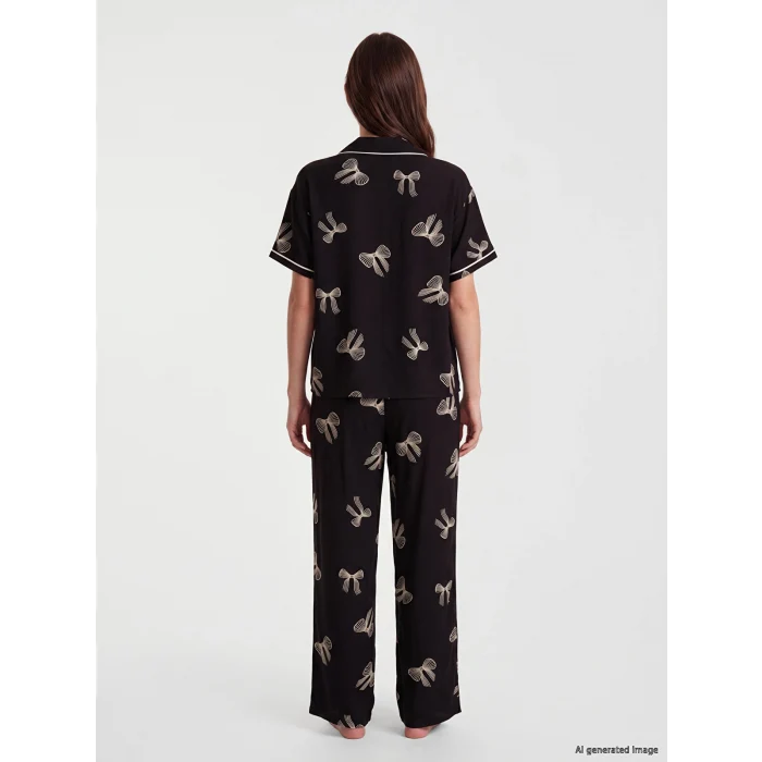LCW DREAM Siyah Gömlek Yaka Desenli Kadın Pijama Takımı