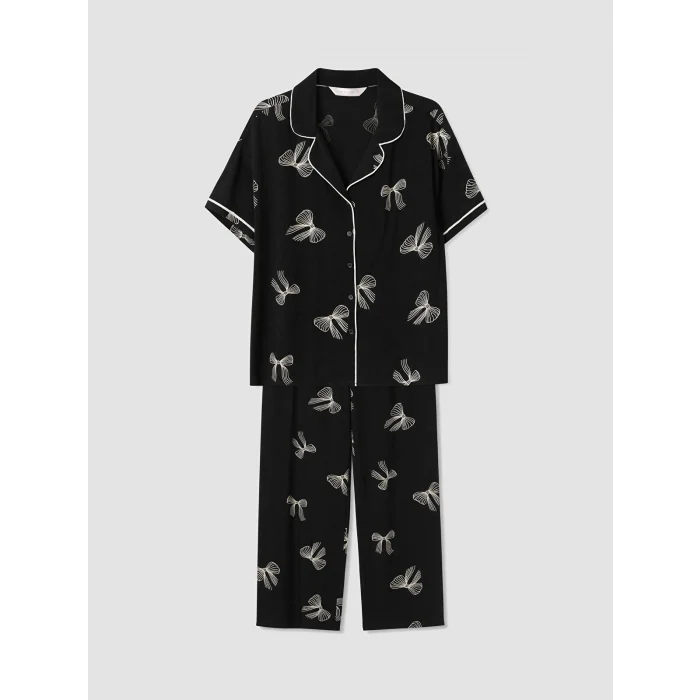LCW DREAM Siyah Gömlek Yaka Desenli Kadın Pijama Takımı