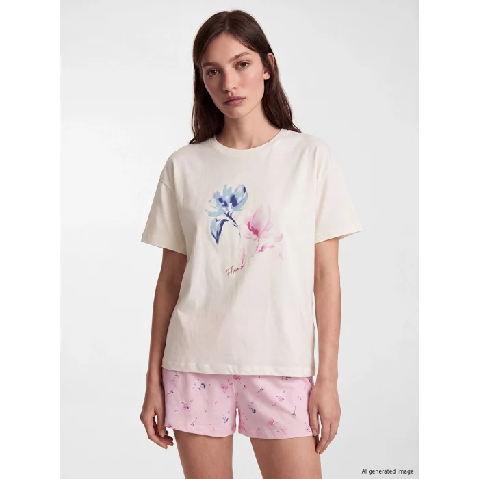 LCW DREAM Pembe Bisiklet Yaka Baskılı Kadın Şortlu Pijama Takımı