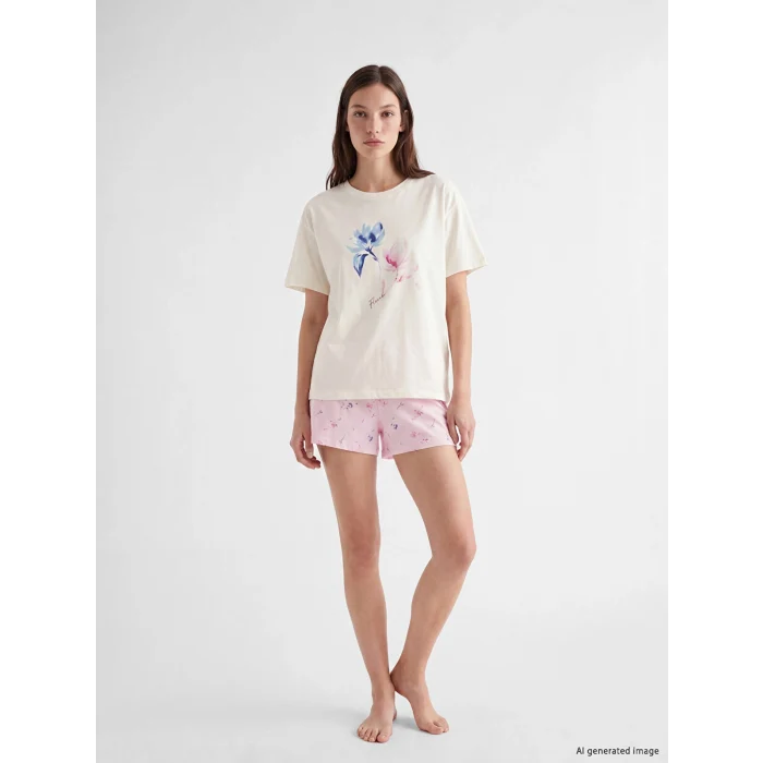 LCW DREAM Pembe Bisiklet Yaka Baskılı Kadın Şortlu Pijama Takımı