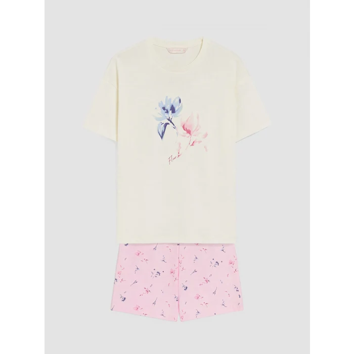 LCW DREAM Pembe Bisiklet Yaka Baskılı Kadın Şortlu Pijama Takımı