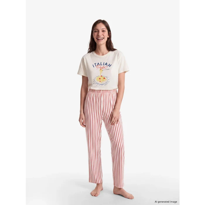 LCW DREAM Kırmızı Bisiklet Yaka Baskılı Kadın Pijama Takımı