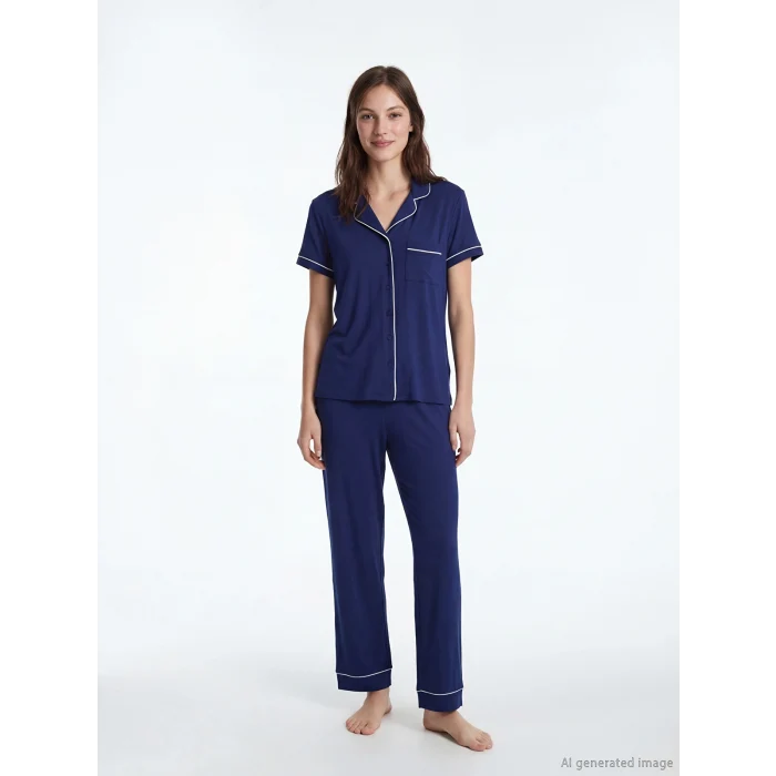 LCW DREAM Lacivert Gömlek Yaka Kadın Pijama Takım