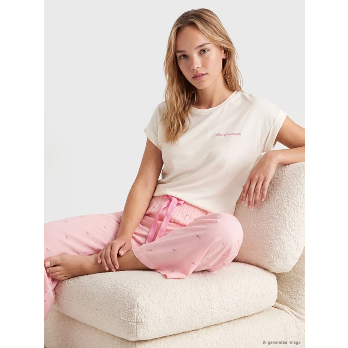 LCW DREAM Pembe Baskılı %100 Pamuklu Kadın Kaprili Pijama Takımı