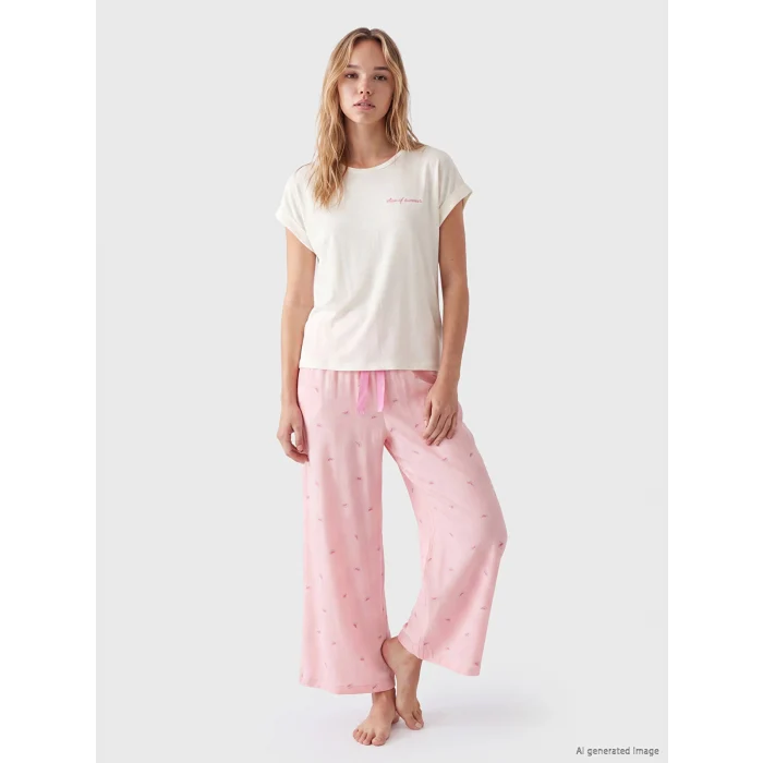 LCW DREAM Pembe Baskılı %100 Pamuklu Kadın Kaprili Pijama Takımı