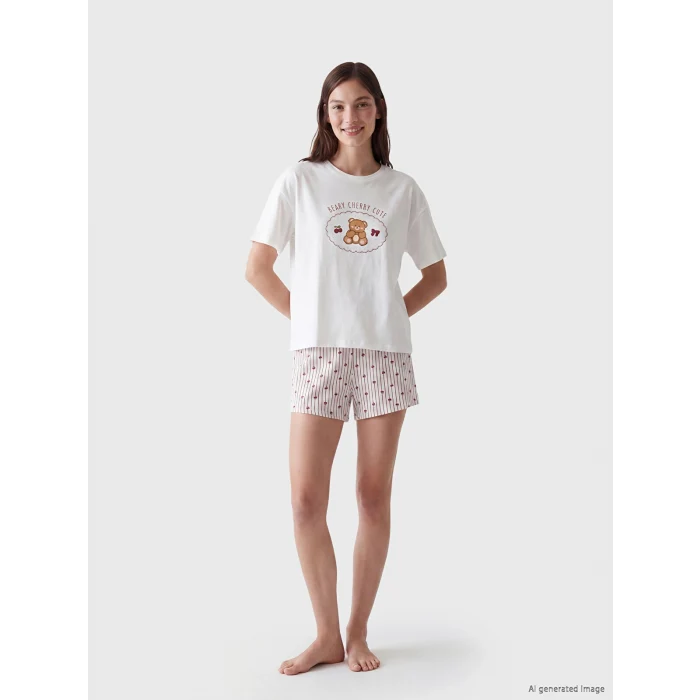 LCW Young Bordo Baskılı Kadın Şortlu Pijama Takımı
