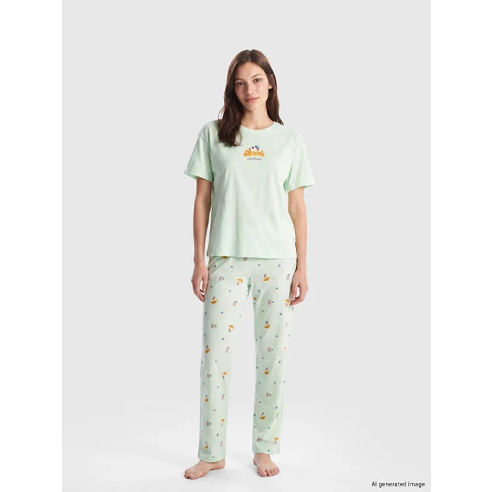 LCW DREAM Yeşil Bisiklet Yaka Baskılı Kadın Pijama Takım