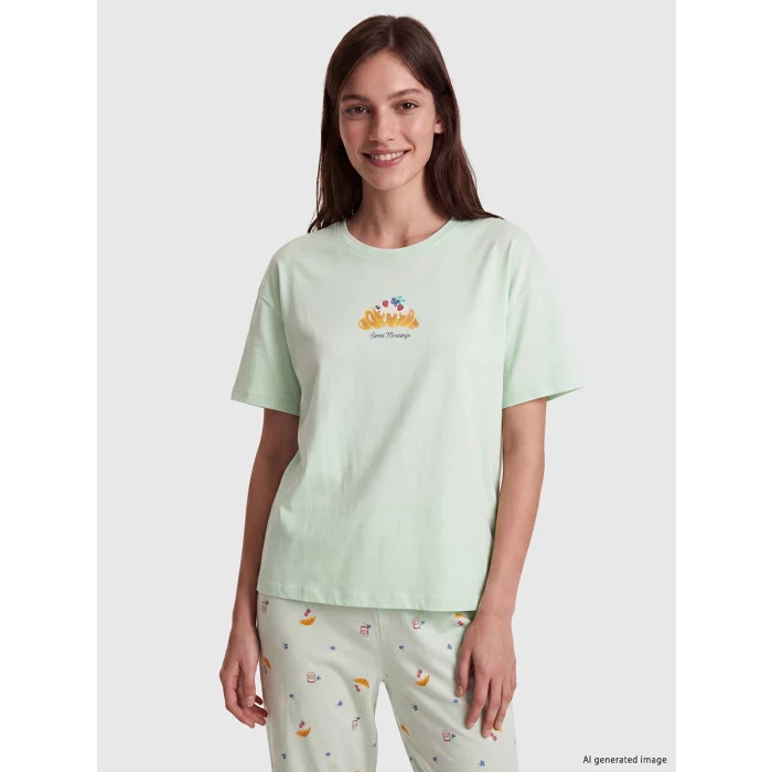 LCW DREAM Yeşil Bisiklet Yaka Baskılı Kadın Pijama Takım