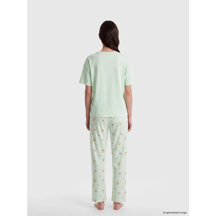 LCW DREAM Yeşil Bisiklet Yaka Baskılı Kadın Pijama Takım