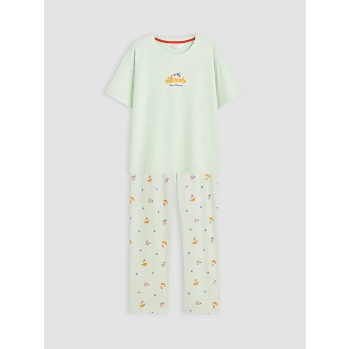 LCW DREAM Yeşil Bisiklet Yaka Baskılı Kadın Pijama Takım
