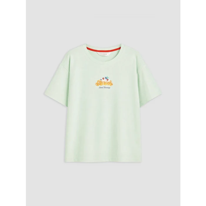 LCW DREAM Yeşil Bisiklet Yaka Baskılı Kadın Pijama Takım