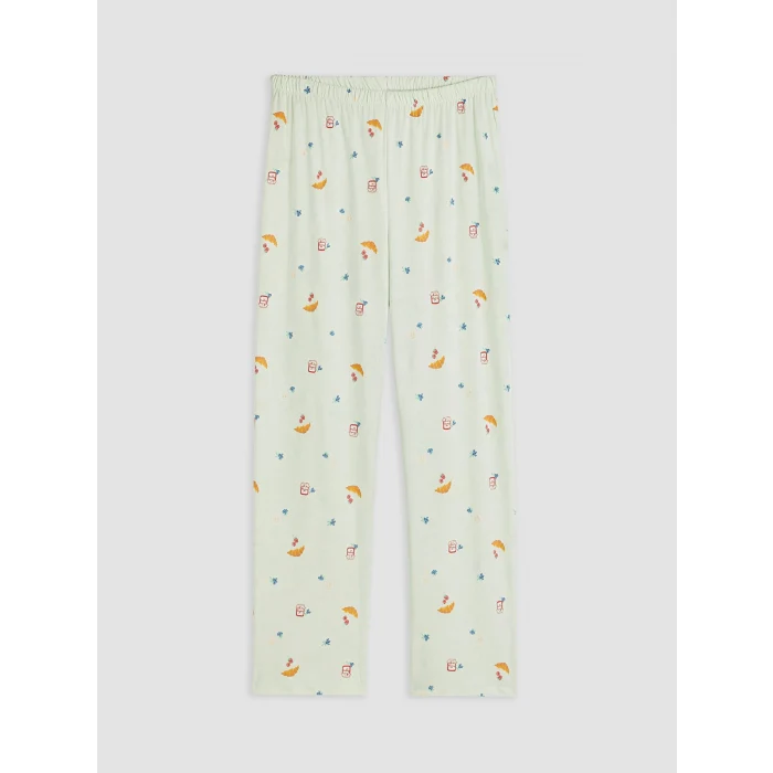 LCW DREAM Yeşil Bisiklet Yaka Baskılı Kadın Pijama Takım