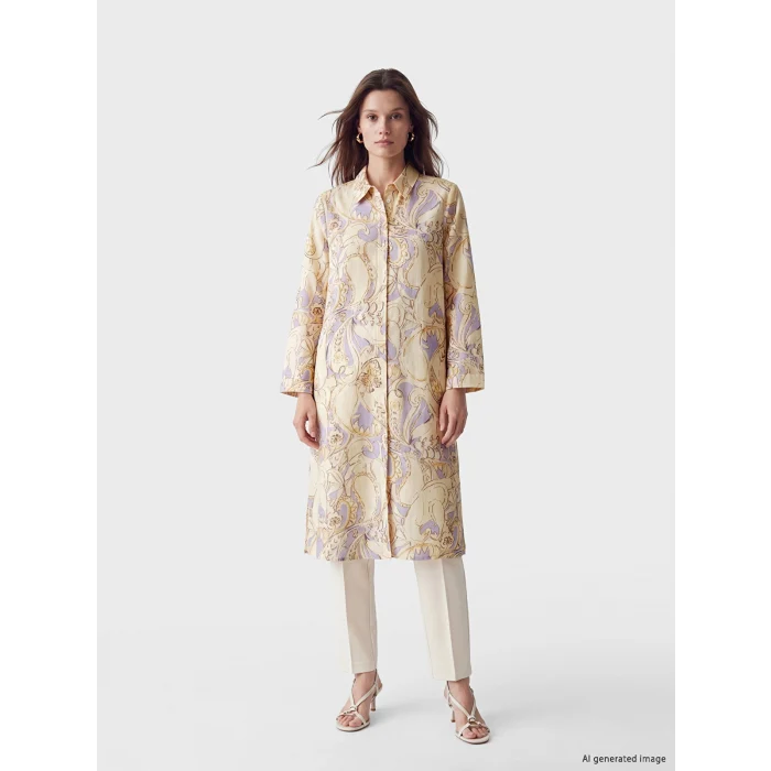 LCW Modest Ekru Desenli Poplin Kadın Gömlek Tunik