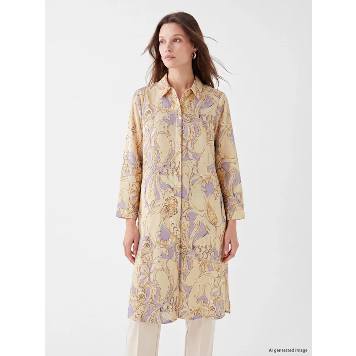 LCW Modest Ekru Desenli Poplin Kadın Gömlek Tunik