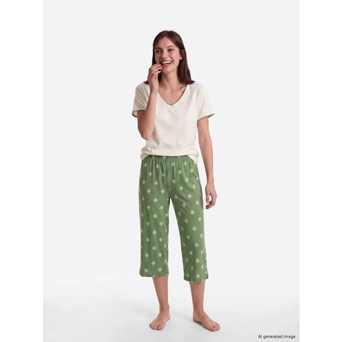 LCW DREAM Yeşil V Yaka Kadın Kaprili Pijama Takımı