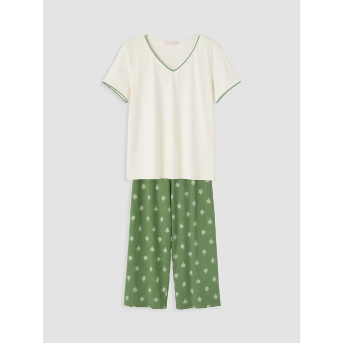 LCW DREAM Yeşil V Yaka Kadın Kaprili Pijama Takımı