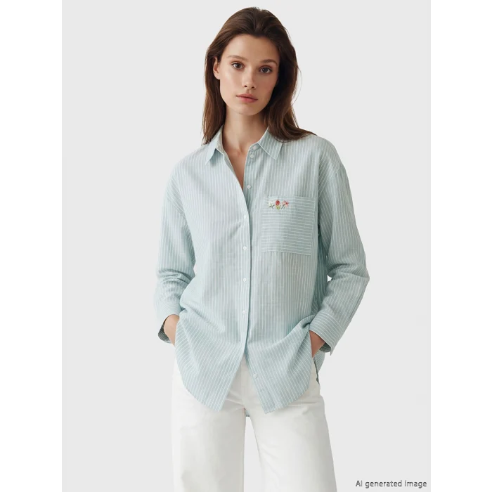 LCW Modest Yeşil Çizgili Oversize Poplin Kadın Gömlek Tunik