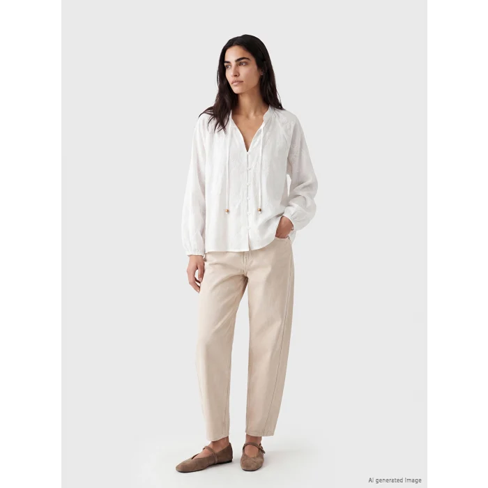 LCW Vision Beyaz Nakışlı Oversize %100 Pamuklu Bluz
