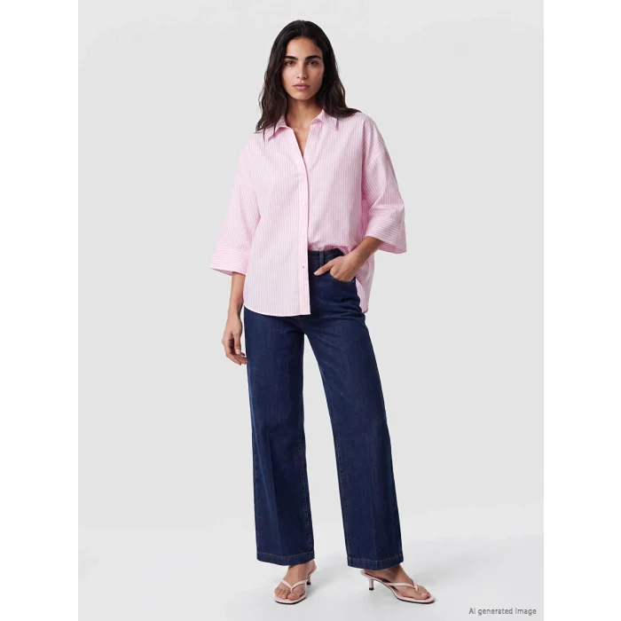 LCW Vision Pembe Çizgili Oversize Poplin Kadın Gömlek