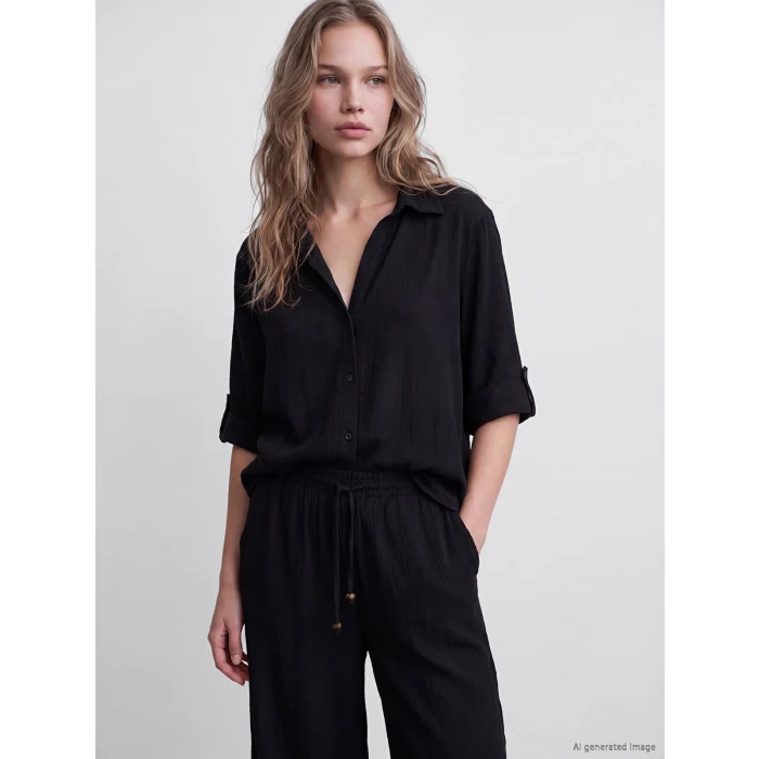 LCW Vision Siyah Oversize Kadın Gömlek
