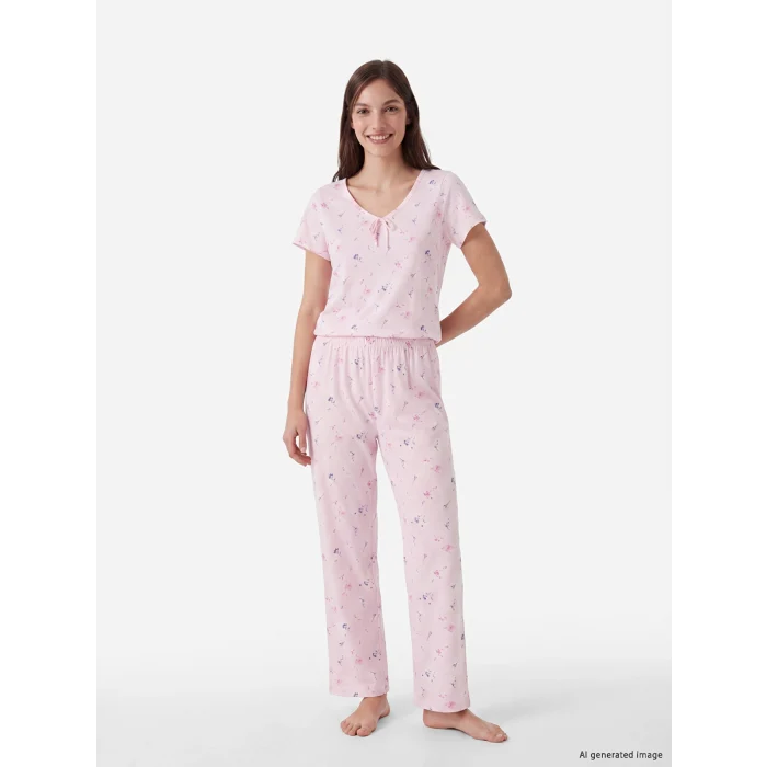 LCW DREAM Pembe V Yaka Çiçekli Kadın Pijama Takım
