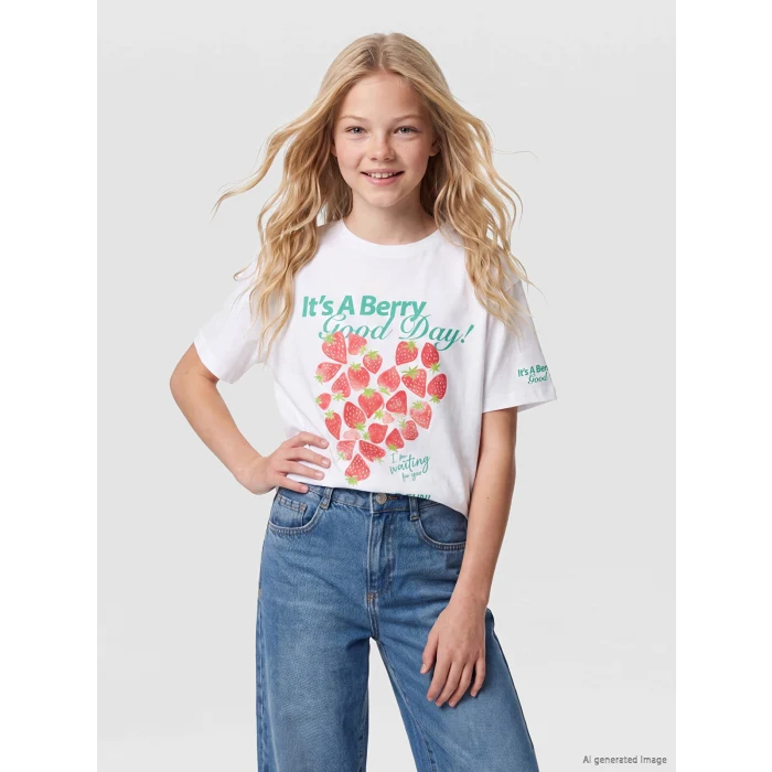 LCW Kids Beyaz Bisiklet Yaka Baskılı Kız Çocuk Tişört