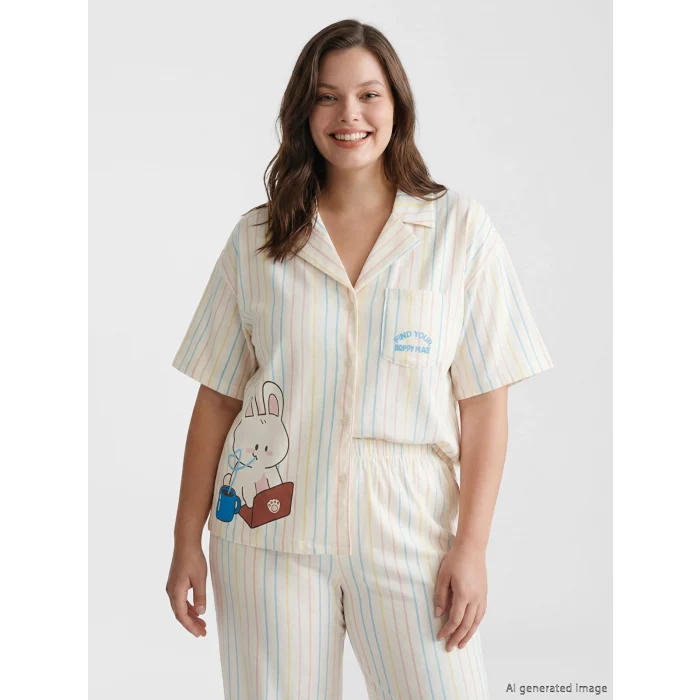 LCW Young Ekru Gömlek Yaka Çizgili Kadın Pijama Takımı