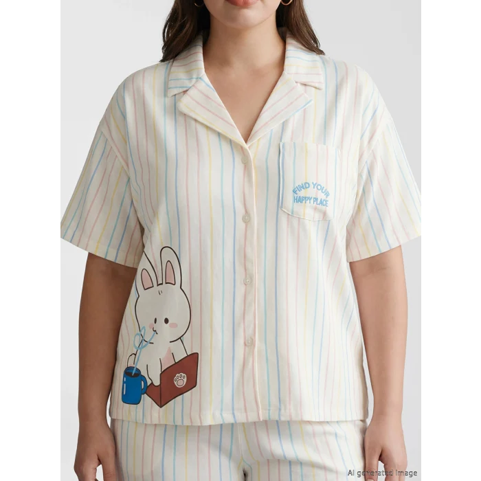 LCW Young Ekru Gömlek Yaka Çizgili Kadın Pijama Takımı