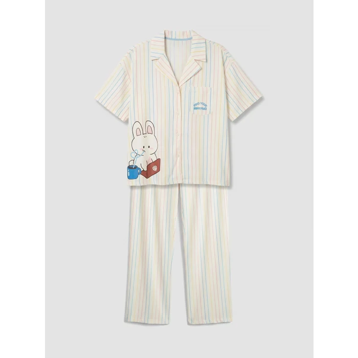LCW Young Ekru Gömlek Yaka Çizgili Kadın Pijama Takımı