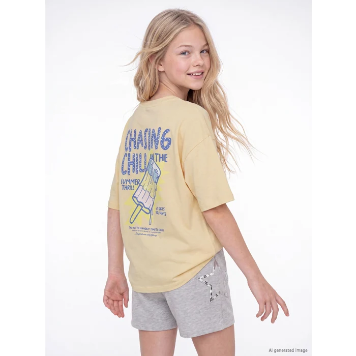 LCW Kids Sarı Baskılı Kız Çocuk Tişört