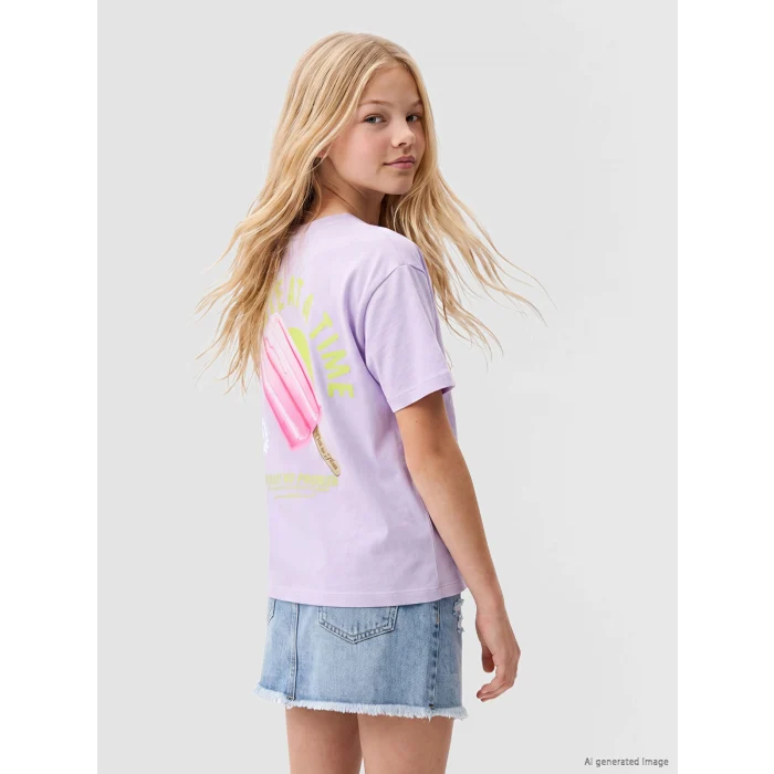 LCW Kids Lila Bisiklet Yaka Baskılı Kız Çocuk Tişört