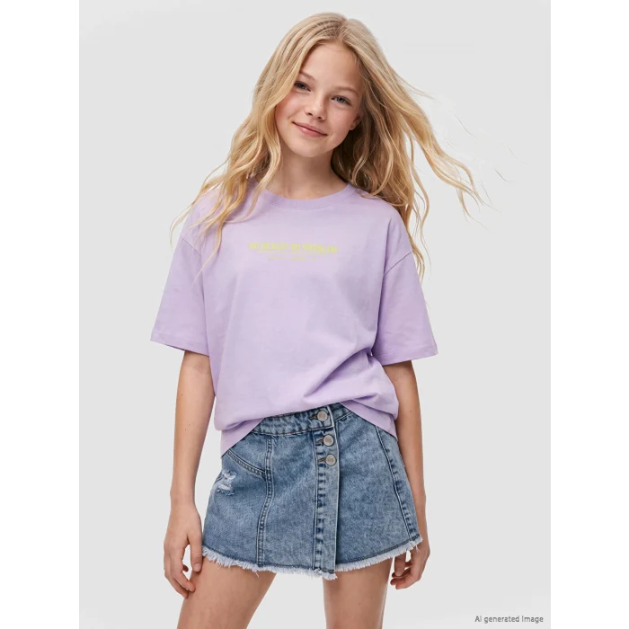 LCW Kids Lila Bisiklet Yaka Baskılı Kız Çocuk Tişört