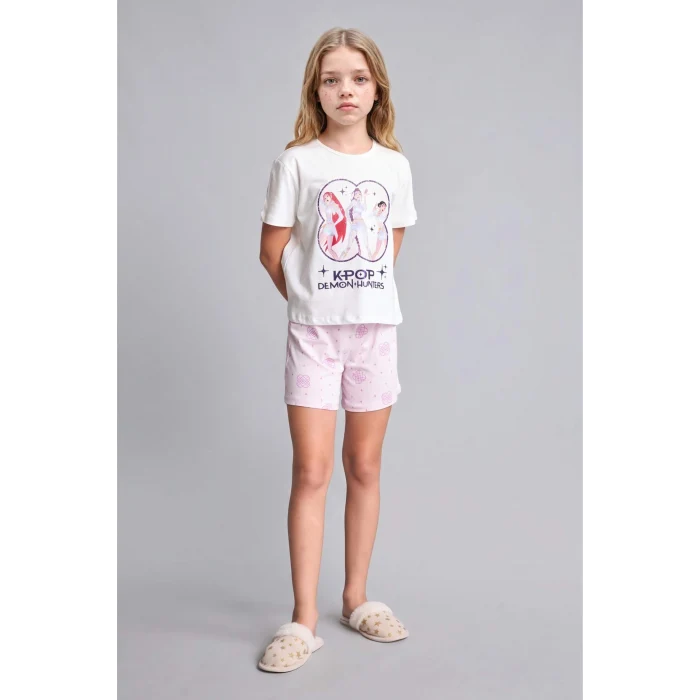 Defacto H8098A8ER105 Ekru Kpop - Demon Hunters Lisanslı Regular Fıt Elastik Bel 2li Ekru Pijama Takımı Kız Çocuk