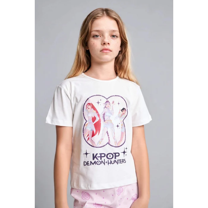 Defacto H8098A8ER105 Ekru Kpop - Demon Hunters Lisanslı Regular Fıt Elastik Bel 2li Ekru Pijama Takımı Kız Çocuk