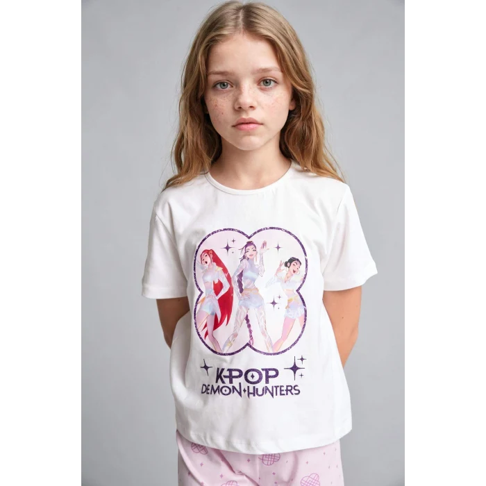 Defacto H8098A8ER105 Ekru Kpop - Demon Hunters Lisanslı Regular Fıt Elastik Bel 2li Ekru Pijama Takımı Kız Çocuk