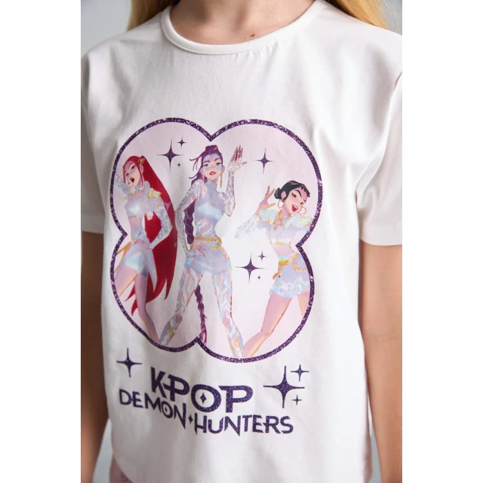 Defacto H8098A8ER105 Ekru Kpop - Demon Hunters Lisanslı Regular Fıt Elastik Bel 2li Ekru Pijama Takımı Kız Çocuk
