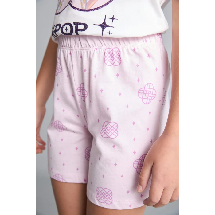 Defacto H8098A8ER105 Ekru Kpop - Demon Hunters Lisanslı Regular Fıt Elastik Bel 2li Ekru Pijama Takımı Kız Çocuk