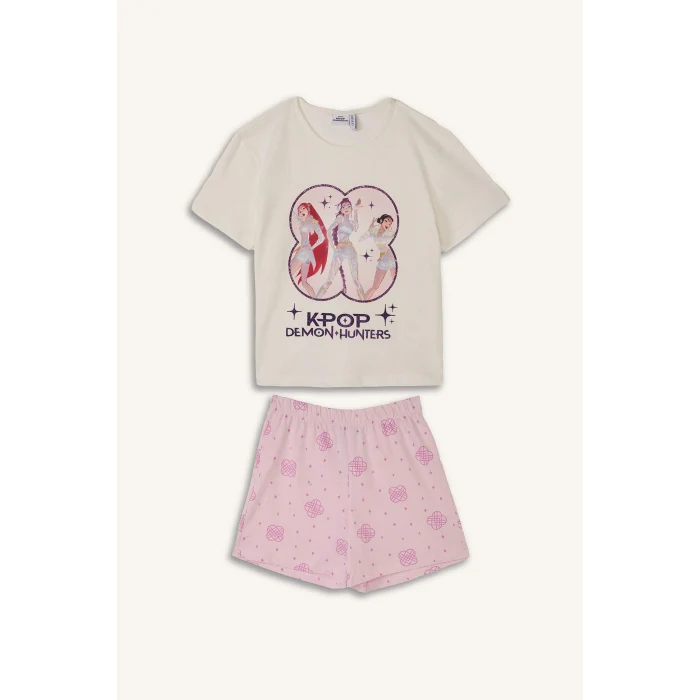 Defacto H8098A8ER105 Ekru Kpop - Demon Hunters Lisanslı Regular Fıt Elastik Bel 2li Ekru Pijama Takımı Kız Çocuk