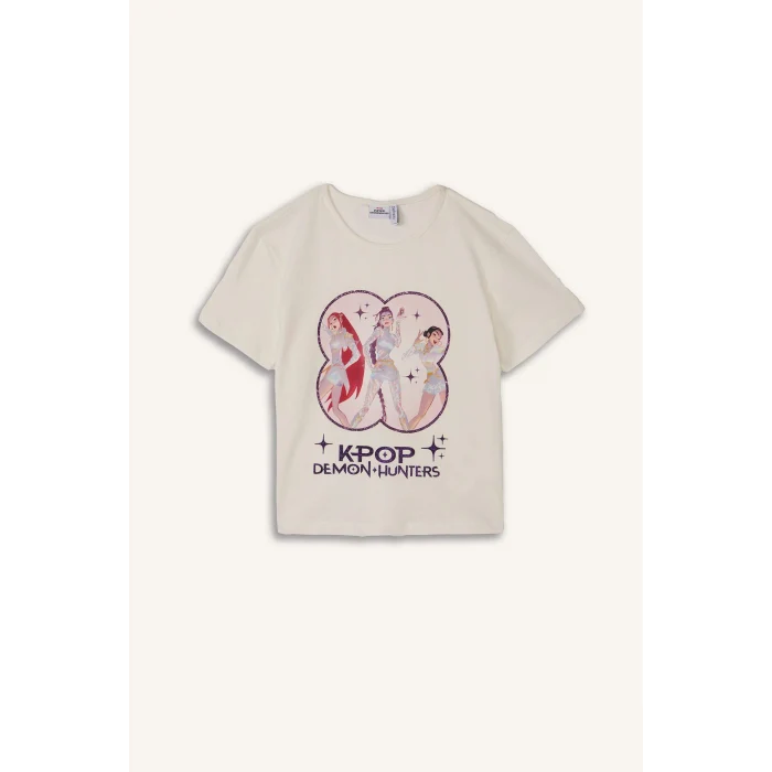 Defacto H8098A8ER105 Ekru Kpop - Demon Hunters Lisanslı Regular Fıt Elastik Bel 2li Ekru Pijama Takımı Kız Çocuk