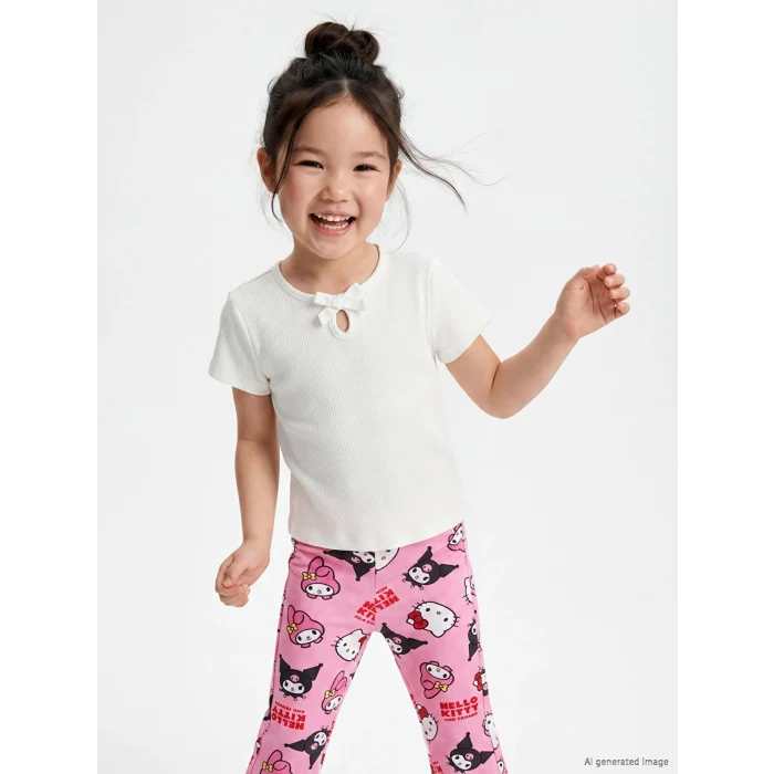 LCW Kids Ekru Fiyonk Detaylı Fitilli Kız Çocuk Tişört