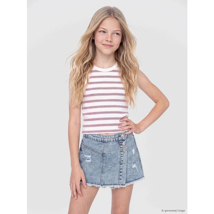 LCW Kids Ekru Bisiklet Yaka Çizgili Kız Çocuk Atlet