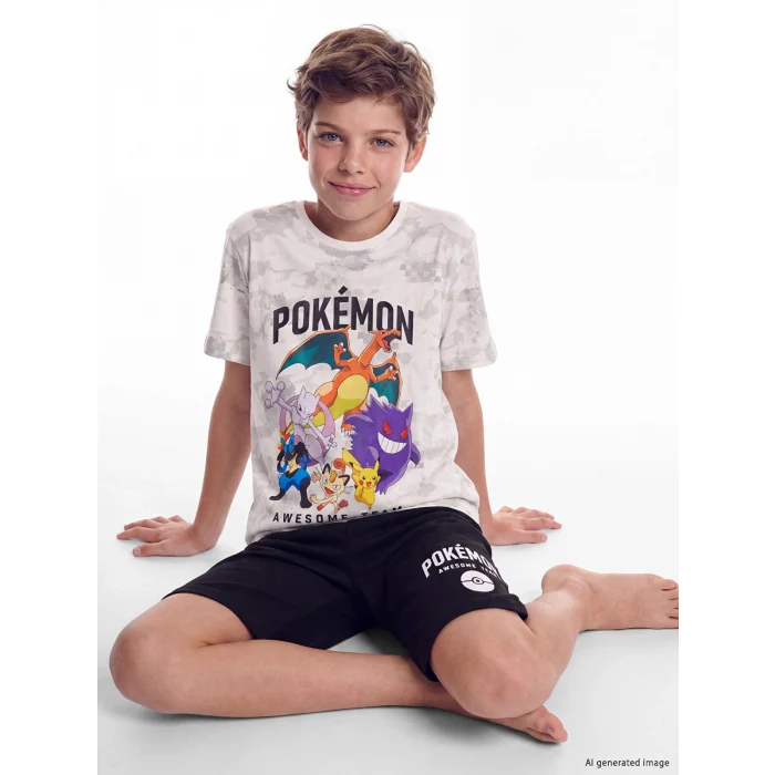 LCW Kids Ekru Pokemon Baskılı Erkek Çocuk Şortlu Pijama Takımı