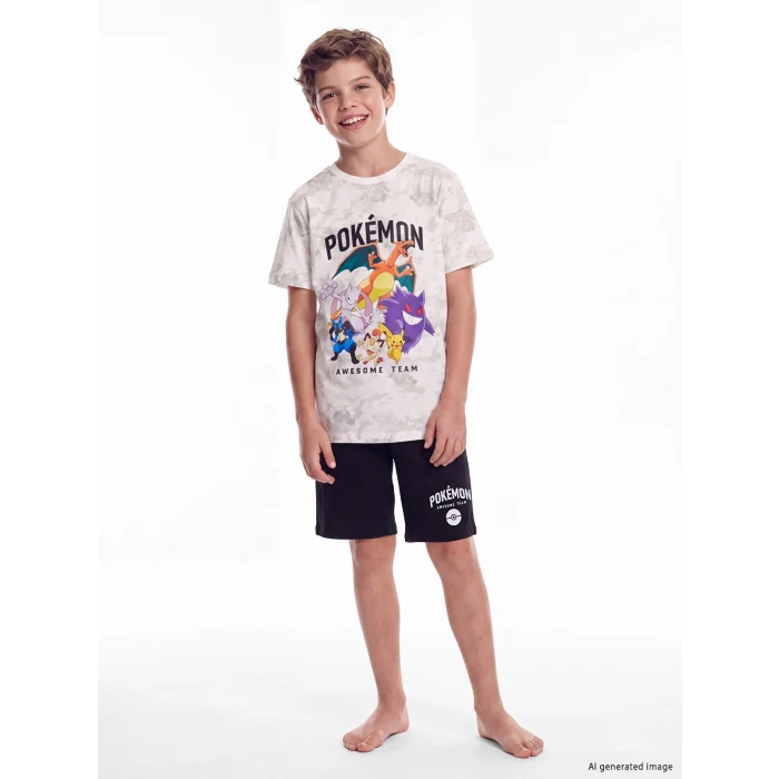 LCW Kids Ekru Pokemon Baskılı Erkek Çocuk Şortlu Pijama Takımı