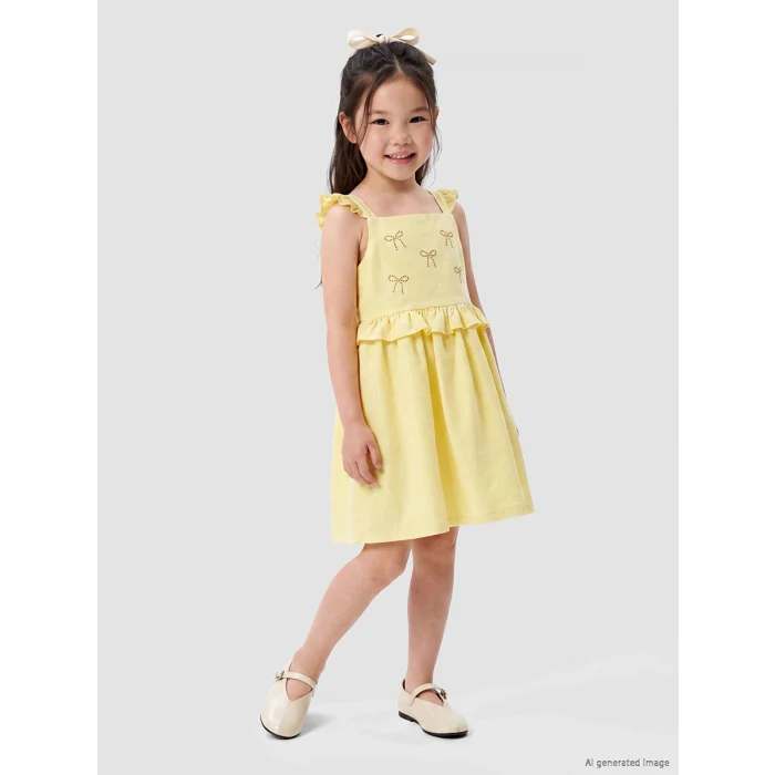 LCW Kids Sarı Kare Yaka Taşlı Kız Çocuk Elbise