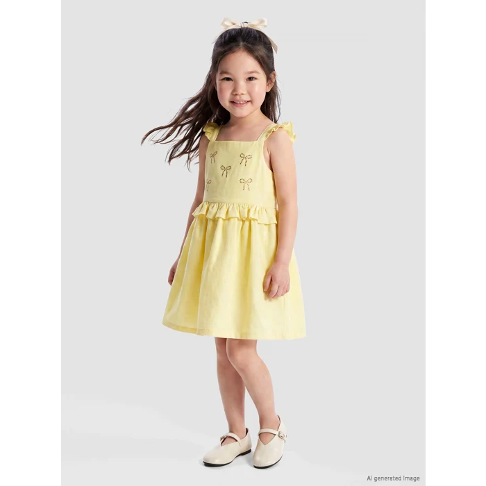 LCW Kids Sarı Kare Yaka Taşlı Kız Çocuk Elbise