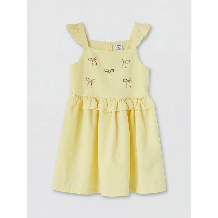 LCW Kids Sarı Kare Yaka Taşlı Kız Çocuk Elbise