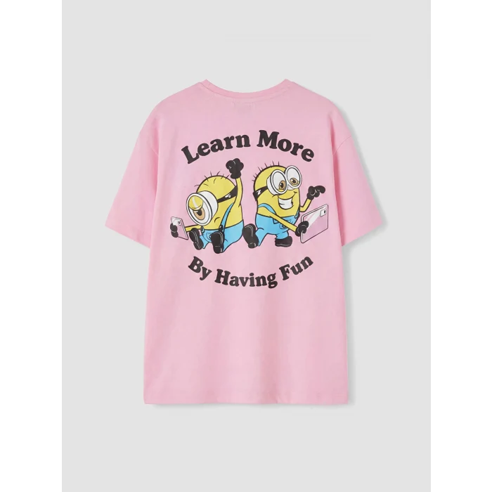 LCW Kids Pembe Bisiklet Yaka Minions Baskılı Kız Çocuk Tişört