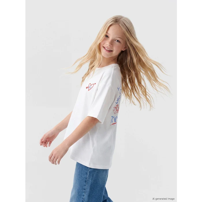 LCW Kids Beyaz Loose Fit Baskılı Kız Çocuk Tişört