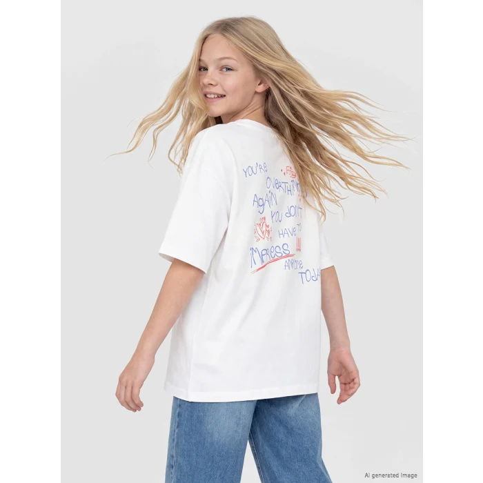 LCW Kids Beyaz Loose Fit Baskılı Kız Çocuk Tişört