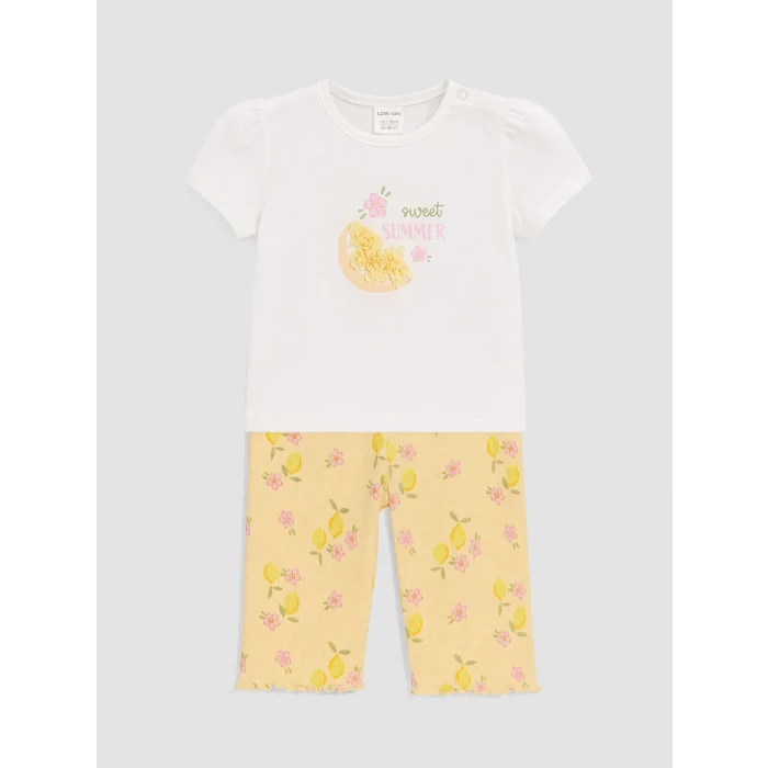 LCW baby Ekru Nakışlı Kız Bebek Tişört ve Tayt Takım